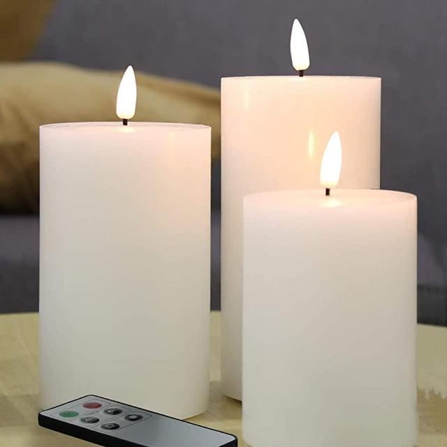 Eywamage White Flat Top Flameless Candles with Remote, Flickering LED Battery Candles D 3" H 4" 5" 6", 3 Pack Real Wax