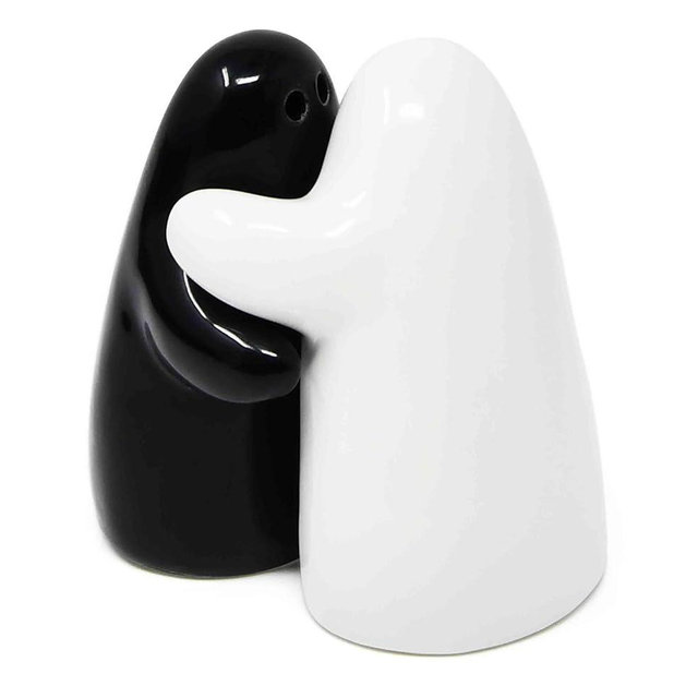 Gift Boutique Halloween Ghost Salt & Pepper Shaker Set of 2 Black & White Modern Cute Novelty Hugging Ghosts Design Shakers Vintage Kitchen Table Decor
