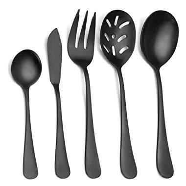 Matte Black Serving Set，SHARECOOK 5-Piece 18/0 Stainless Steel Large Hostess Set with Round Edge, Satin Finished, Dishwasher Safe -Spoons, Forks,Butter Knife& Slotted Spoon