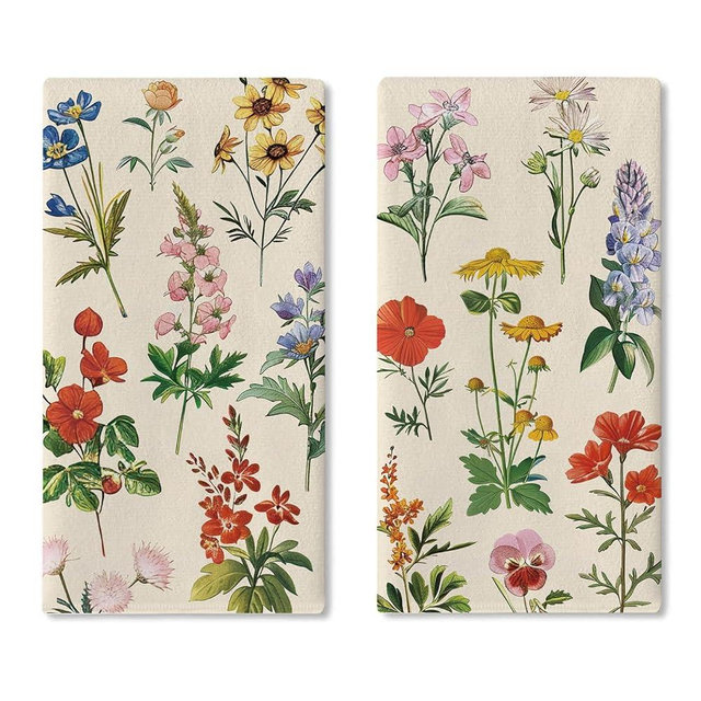 Croar Wildflower Kitchen Dish Towels Set of 2, Vintage Floral Botanical Plants Drying Hand Towel Baking Cooking Cloth, Retro Spring Summer Flower Nature Bathroom Home Decoration 18 x 26 Inches
