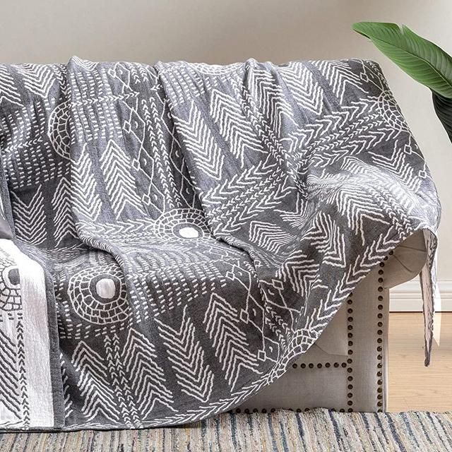 jinchan Throw Blanket 60" by 80" 100% Cotton Year Round Indoor Outdoor Accent Throw for Sofa Comforter Couch Living Room Gray Geometric Pattern