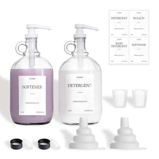2 Pcs Glass Liquid Laundry Detergent Dispenser, Half Gallon Laundry Soap Dispenser for Laundry Room (64 oz. Each), Laundry Detergent Bottles with Pump Dispenser -Includes Labels, Funnel, Measuring Cup