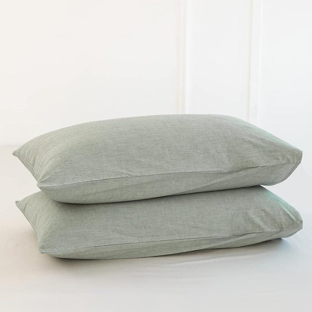 MooMee Bedding Pillowcases Pack of 2 100% Washed Cotton Linen Like Textured Breathable Durable Soft Comfy (Green, King)