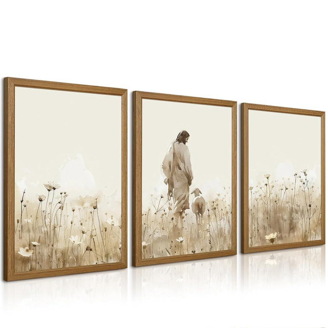 Jesus Leaves the 99 Sheep Wall Art Christian Canvas Poster Jesus and Lamb Wall Decor Religious Pictures Lost Sheep Painting God Christ Painting Artwork for Bedroom Living Room 12x16x3 Inch Wood Framed