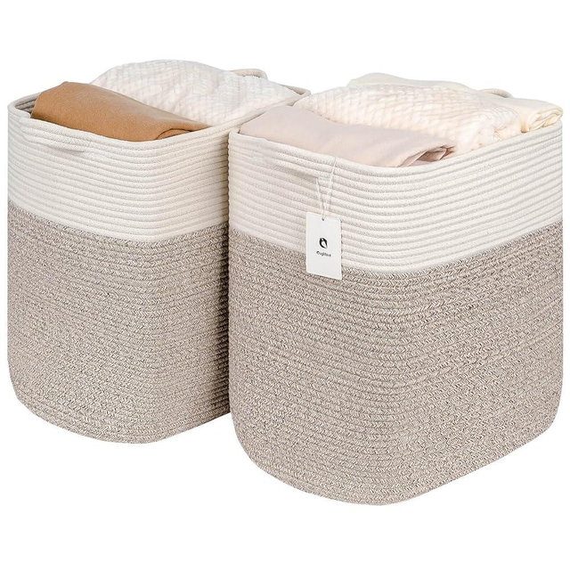Laughbird Extra Large Tall Basket Folding Bamboo Rectangle Handle Bins With Handle, Bathroom Dirty Clothes Basket, Bedroom, Toy, Pillows, Closet Organizer White Brown Collapsible Laundry Baskets
