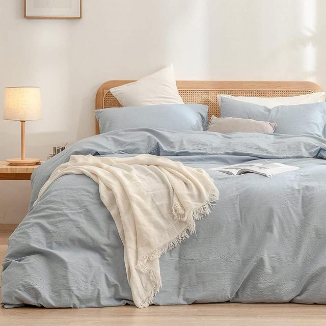 BESTOUCH Duvet Cover Set 100% Washed Cotton Linen Feel Super Soft Comfortable Chic Lightweight 3 PCs Home Bedding Set Solid Cornflower Blue Oversized King