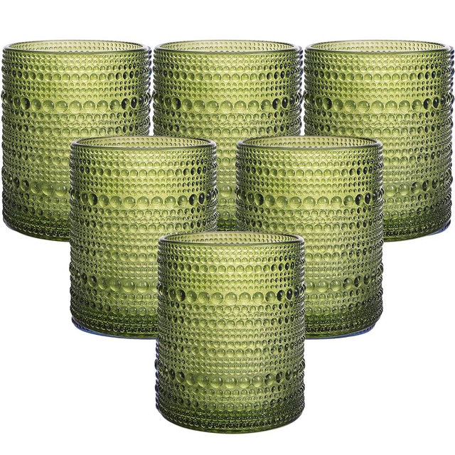 Moretoes Cocktail Glasses 10 oz Hobnail Drinking Glasses Set of 6, Vintage Glassware, Textured Glass Cups Bubble Glasses Water Glasses Old Fashion Jupiter Glasses Set (Green)