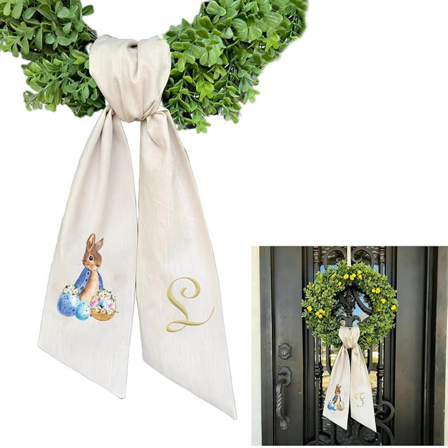 Rabbit Easter Wreath Bow Custom Embroidered Monogram Spring Bunny Wreath Sash for Front Door Hand Tailored Easter Decorations Spring Bows for Wreaths (L)