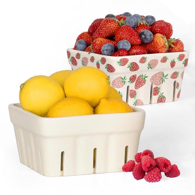 AELS Ceramic Berry Basket, 5.9" Container for Fruit & Vegetables, Farmhouse Fruit Bowl, Strawberry Decor, Farmers Market, White Pink and Cute Strawberry pattern, Stoneware Harvest Bowls for Kitchen
