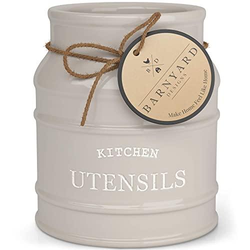 Barnyard Designs Ceramic Utensil Crock Holder for Kitchen Counter, Rustic Farmhouse Countertop Decor, French Country Organizer for Cooking Utensils, Spatulas and Mixing Spoons, Taupe, 6” x 6.75"