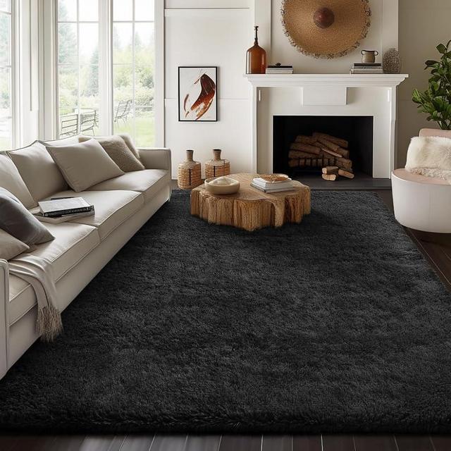 Ophanie Machine Washable Upgrade 8x10 Rugs for Living Room, Black, Fluffy Shaggy Soft Area Rug, Black Non-Slip Indoor Floor Carpet for Bedroom, Kids Baby Boys Teen Dorm Home Decor Aesthetic, Nursery