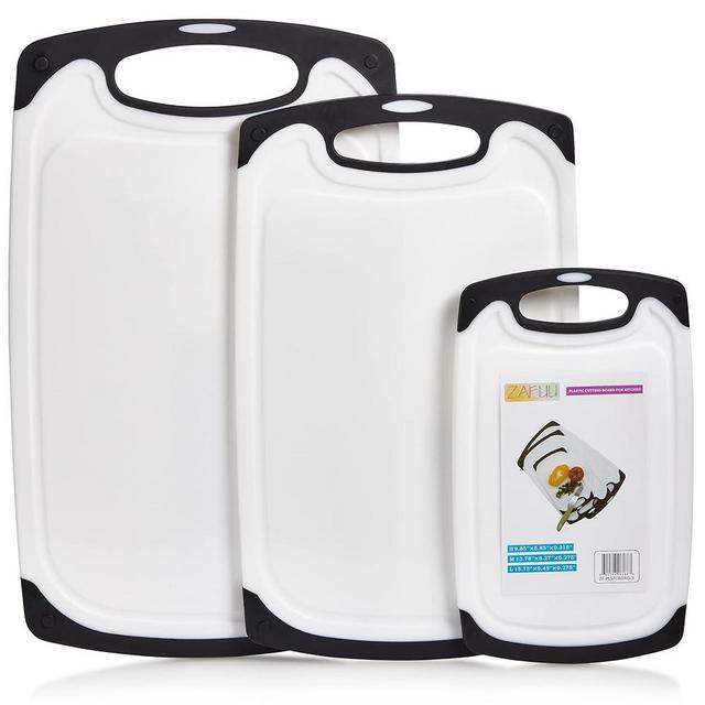 SAFUU Plastic Cutting Boards for Kitchen 3 Pcs - 3 SIZES, Non-Slip Chopping Board with Juice Groove & Easy Grip Handles --- { White And Black Color } (ZF-PLSTCBORD-3)