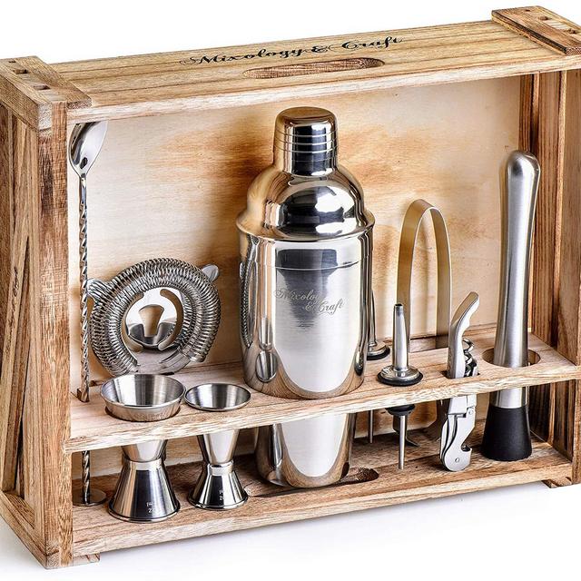 Mixology Bartender Kit: 11-Piece Bar Tool Set with Rustic Wood Stand - Perfect Home Bartending Kit and Cocktail Shaker Set For an Awesome Drink Mixing Experience - Exclusive Cocktail Recipes Bonus