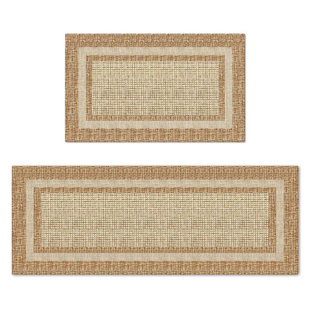 Artoid Mode Beige Rectangle Plaid Washable Kitchen Mats Set of 2, Seasonal Decor Non Slip Low-Profile Natural Rubber Back Kitchen Rugs for Floor - 17x29 and 17x47 Inch