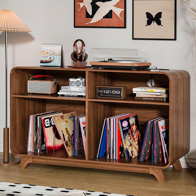 Record Player Stand with Vinyl Storage Cabinet with Charging Station & USB Ports, Turntable Stand Table Holds Up to 350 Albums, Curved Vinyl Record Cabinet for Living Room (Walnut, 42.5-inch)