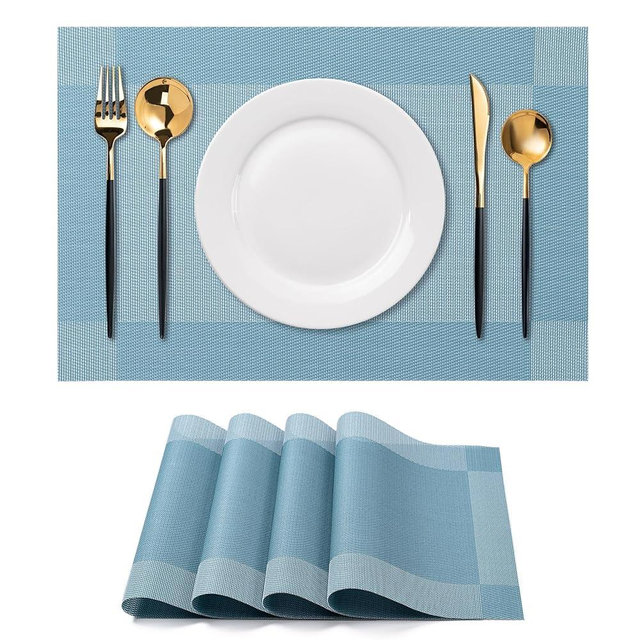 CADONO Placemats Set of 4 Washable Indoor/Outdoor Vinyl Place Mats for Dining Table Durable Non-Slip Heat Resistant PVC Weave Table Mats（Four-Corner-Blue）