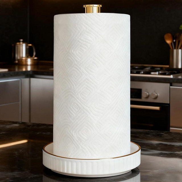 VROOMIUM Paper Towel Holder Countertop, Gold and Ceramic Base Easy-to-Clean, Fits Double to Family Rolls, Elegant and Durable Kitchen Roll Stand, Lux-Gold
