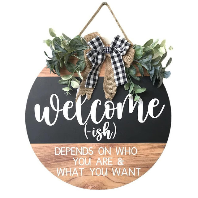 Welcome Sign Front for Door Decoration, 12 in Round Wood Wreaths Wall Hanging Outdoor, Farmhouse, Porch, for Spring Summer Fall All Seasons Holiday Christmas (Black)