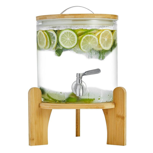 Beverage Dispenser 1.5 Gallon with Spigot Glass Water Dispenser for Parties, Bars, Restaurants (5L）with Wood Stand Drink Dispensers