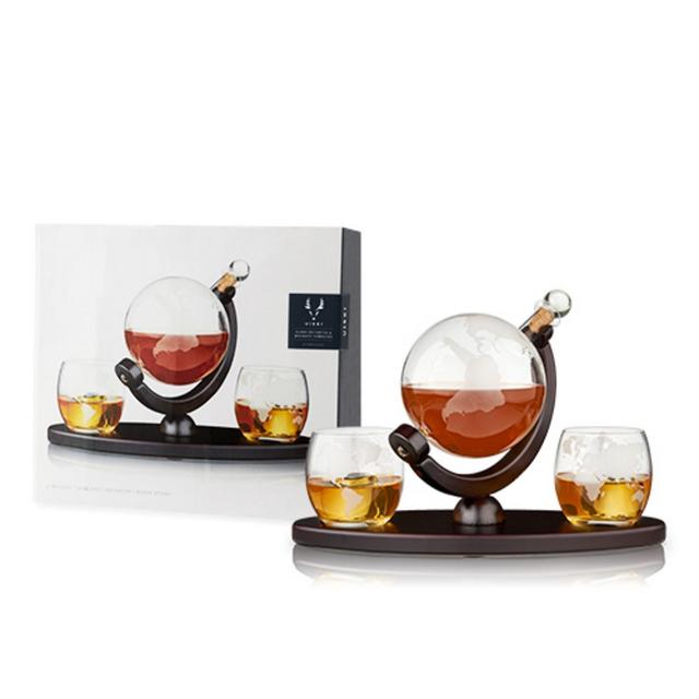 Viski Globe Decanter And Two Whiskey Tumbler Set Etched Glass Whiskey Enthusiast Gift and Glassware Accessory Centerpiece