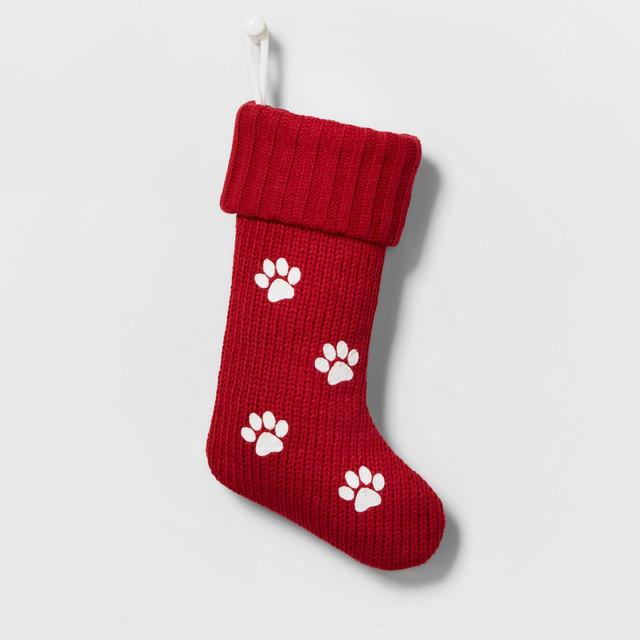 Knit Christmas Stocking Mini Paw Prints Red - Wondershop™