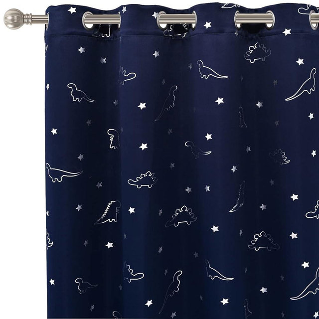 LORDTEX Dinosaur and Star Foil Print Blackout Curtains for Kids Room - Thermal Insulated Curtains Noise Reducing Window Drapes for Boys and Girls Bedroom, 52 x 84 Inch, Navy, Set of 2 Panels