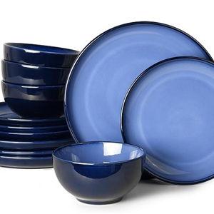Blue Stoneware Dinnerware Set, 12 pcs Reactive Glaze Plates and Bowls Sets