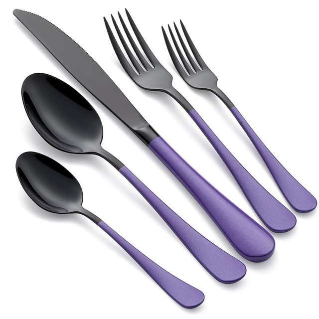 LKTDYMEG 20-Piece Black and Purple Silverware Set 18/0 Stainless Steel Silverware Set Lake Blue Handle Cutlery Set Service for 4 Dinner Knives Forks Spoons Set Flatware Set Finish Dishwasher Safe
