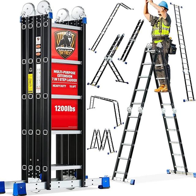 Step Ladder, Bryner Folding Ladder 19.6ft Multi-Purpose Aluminium Extension Ladders, 7 in 1 Folding Adjustable Telescoping Step Ladder 530lbs