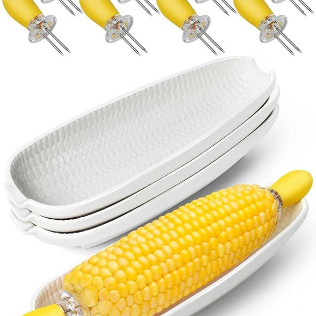 Artcome Ceramic Corn Dishes Set with 8 Corn Cob Holders - 4-Pack Corn Plates with Embossed Corn Design, Durable & Dishwasher Safe Dish Set for BBQ, Picnics, and Family Meals