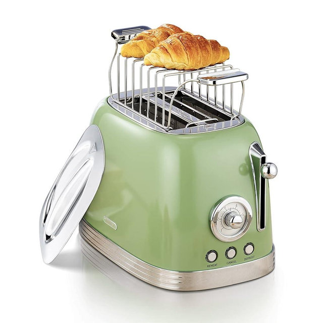 Wiltal Toasters, Toaster Retro 2 Slice, Vintage Toaster, Green Toaster, With Stainless Steel Lid, With Bread Attachment, Preheat, Defrost And Cancel Functions, 6 Browning Levels (Green).