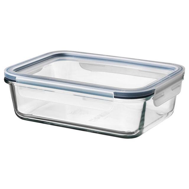 Food container with lid, rectangular glass/plastic, 34 oz