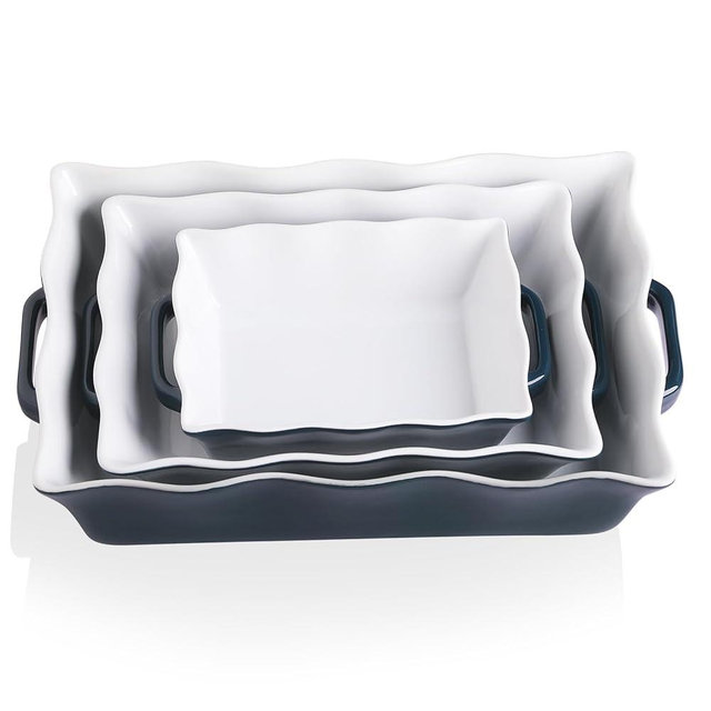 Sweejar Casserole Dishes for Oven, Ceramic Bakeware Set of 3, Rectangular Baking dish with Handles, Wave Edge Lasagna Pan Deep for Cooking, Cake, Dinner, Banquet and Daily Use (Navy)