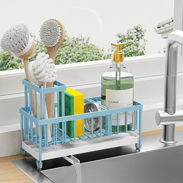 Cisily Sponge Holder for Kitchen Sink, Sink Caddy with High Brush Holder, Kitchen Sink Organizer Countertop Rustproof 304 Stainless Steel, Soap Dispenser Kitchen Organizers and Storage Essentials Blue