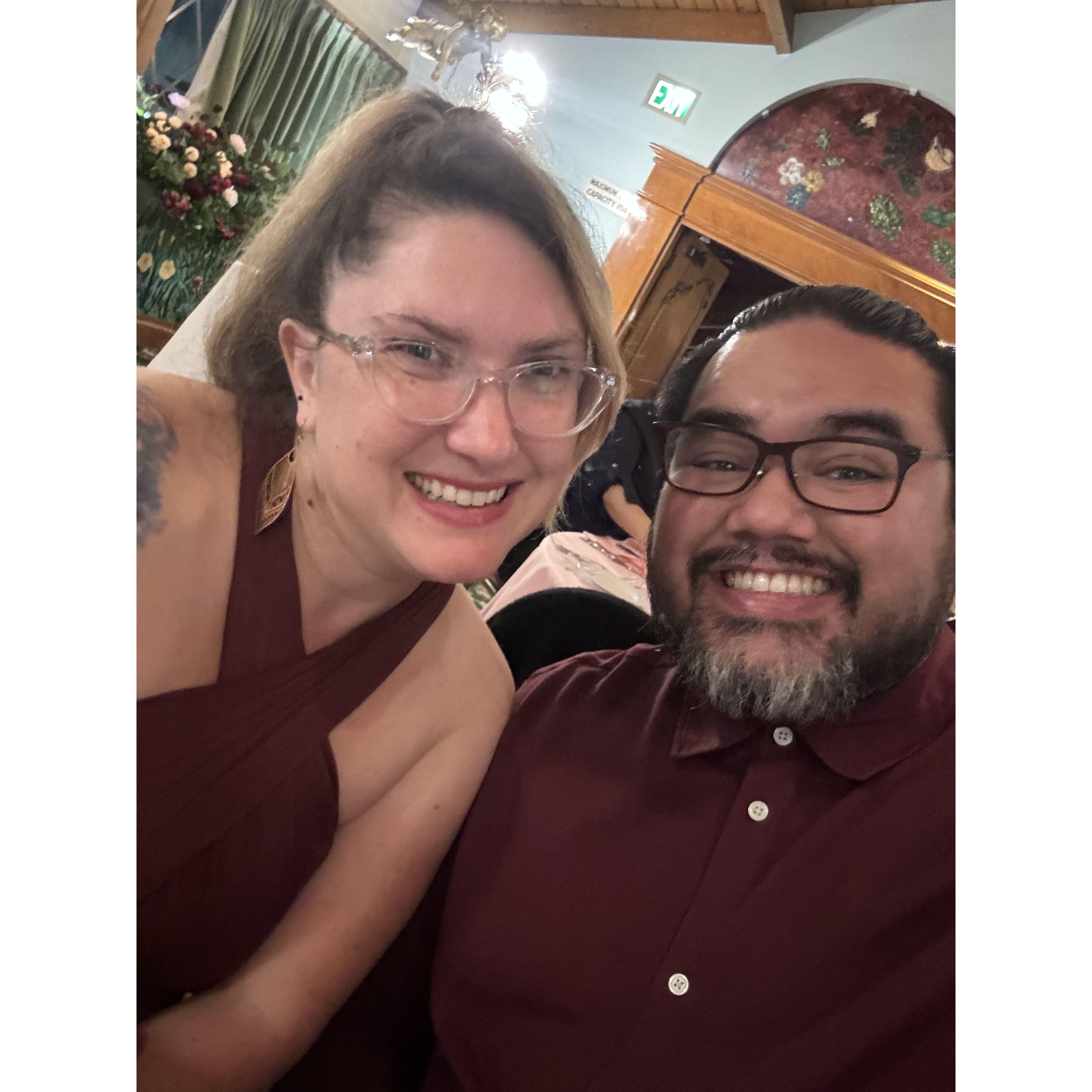 A quick selfie at Alyssa's childhood friend Hana's wedding in November 2023 (we've been to three weddings together!)