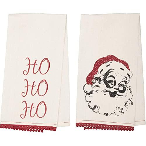 VHC Brands Chenille Christmas Ho Text Muslin Cotton Farmhouse Decor Fabric Loop Embroidered Pom Lace Kitchen Towel Set of 2, Soft White
