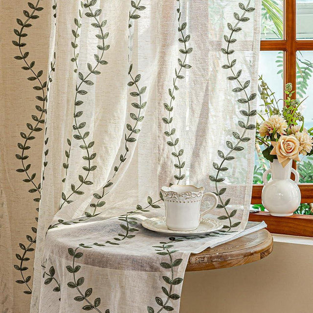 AmHoo 2 Panels Linen Leaf String Floral Embroidered Semi Sheer Curtain Farmhouse Voile Curtains for Living Room Bedroom Window Treatment Sage Green 52 x 84 Inch