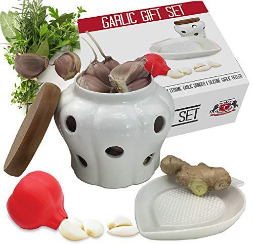 T Elite Luncheon Garlic Keeper Container Set | White Jar 12 Air Vent Bamboo Lid with Ginger Grater and Red Silicone Garlic Peeler | Gift Box | Perfect Gift Idea