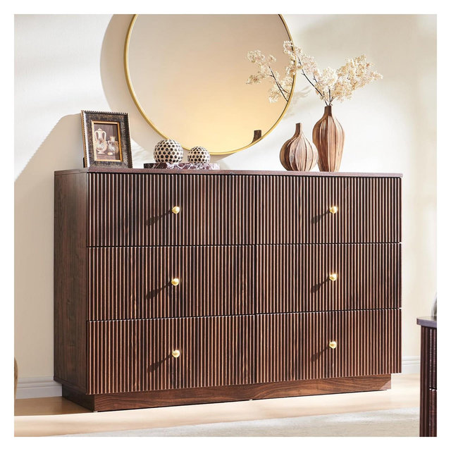 SinCiDo 6 Drawer Fluted Dresser, 47" Wide Wood Chest of Drawers with Deep Storage, Modern Storage Organizer for Bedroom, Living Room, Brown