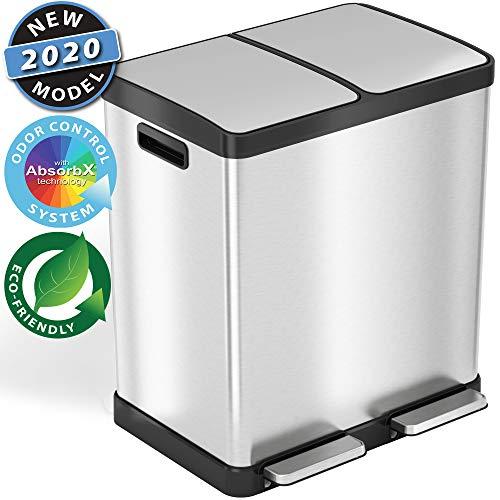 iTouchless SoftStep 16 Gallon Step Trash Can & Recycle Bin with Double Odor Control Systems, Stainless Steel, 2 x 8 Gallon (30L) Removable Color-Coded Buckets, Soft Close and Airtight Seal