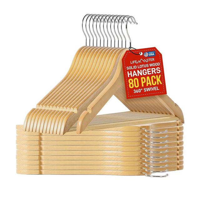 Lifemaster Tough Long Lasting Solid Maple Wooden Clothes Hangers - Pack of 80 Natural Wood Hangers with Rotating Swivel Hooks and Built-in Notches to Organize Jackets, Shirts, and Pants