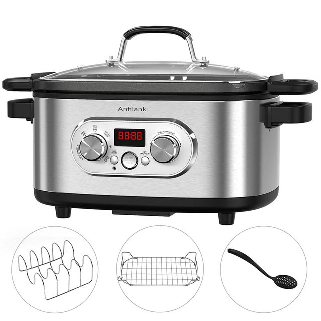 Anfilank 10-in-1 Programmable Slow Cooker with Timer, 6.8 Quart Crock Pot, Presets to Sous Vide, Bake, Sauté, Cook Rice& More, Nonstick Dishwasher-Safe Pot, Adjustable Temp&Time, Stainless Steel