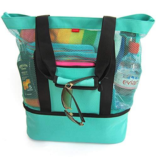 Odyseaco Aruba Mesh Beach Tote Bag with Zipper Top and Insulated Picnic Cooler, Turquoise