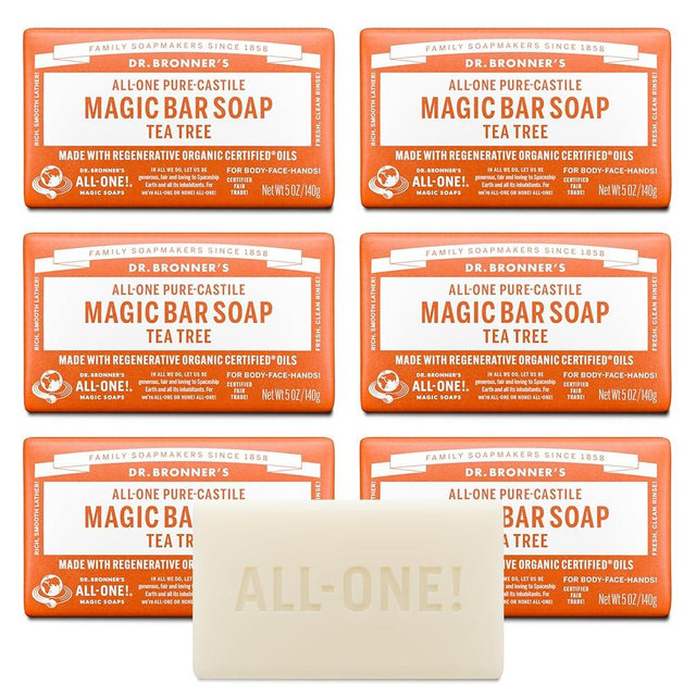 Dr. Bronner's Pure-Castile Magic Bar Soap (Tea Tree, 5 ounce, 6-Pack) - Made with Regenerative Organic Certified Oils, For Face, Body & Hair, Gentle, Vegan, Non-GMO
