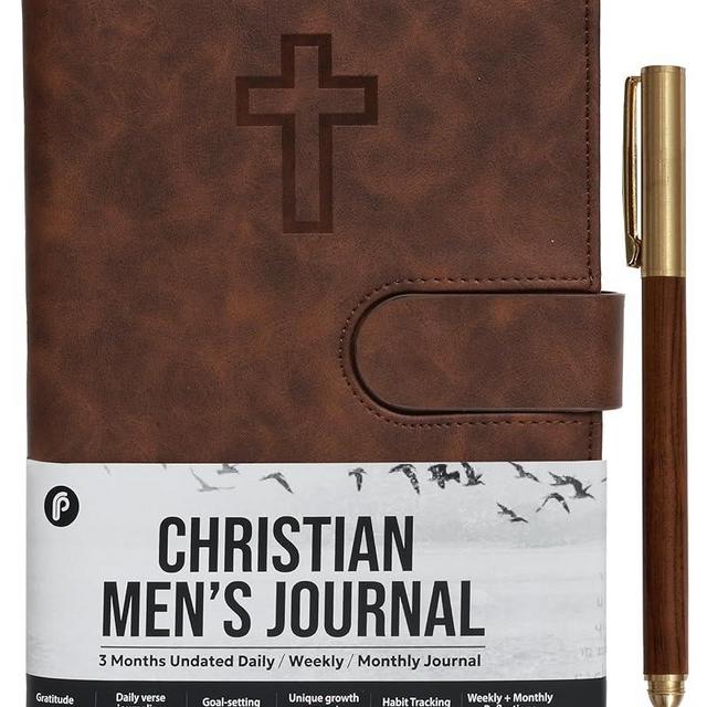 Prazoli Leather Christian Bible Prayer Journal For Men - Study Scripture Notebook & Planner Daily Devotional Undated | Religious Jesus Faith Gifts for Graduation, Pastor Baptism & Church, Cross