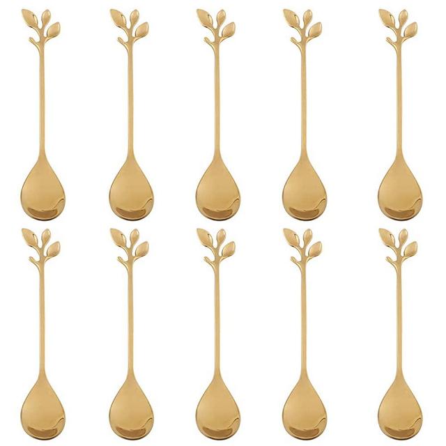 Stainless Steel Gold Leaf Coffee Spoon-AnSaw 10 Pcs Creative Tableware Dessert Spoons, Stirring, Mixing, Sugar, Stir, Ice Cream, Cake, Teaspoon Set (Gold-10Spoon)