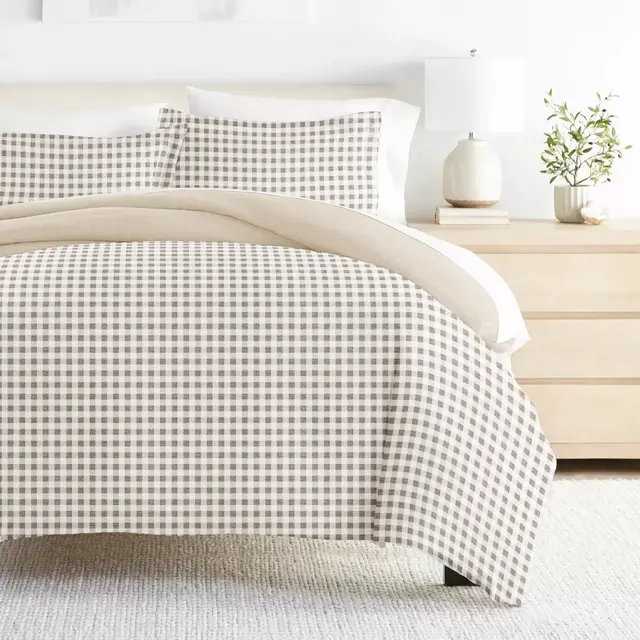 Gingham Check 3PC Duvet Cover Set - Modern Natural Pattern, Zippered Closure, Easy Care - Becky Cameron, Gingham Check Natural, Full/Queen