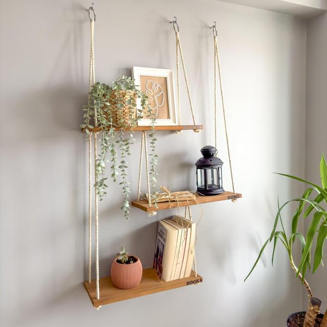 Hanging Shelves, Boho Room Decor Floating Shelves - Wall Shelves and Hanging Plant Shelf Home Living Room Bathroom Bedroom Kitchen Farmhouse