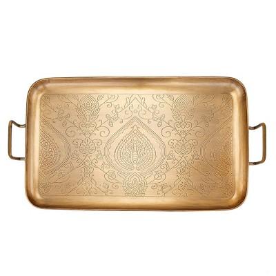Old Dutch 19&#34; x 10.3&#34; Stainless Steel Etched Antique Serving Tray with Handles Gold