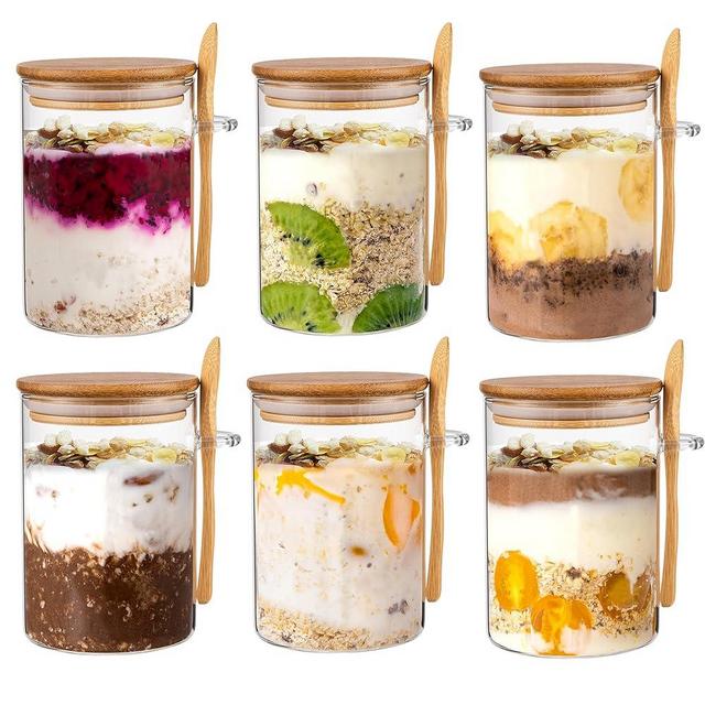 Famyards Glass Jars with Bamboo Airtight Lid and Spoon, Overnight Oats Containers with Lids, Decorative and Durable 17 Oz Kitchen Glass Canisters for Coffee Beans, Matcha, Flour, Sugar, Nuts, 6 Pcs
